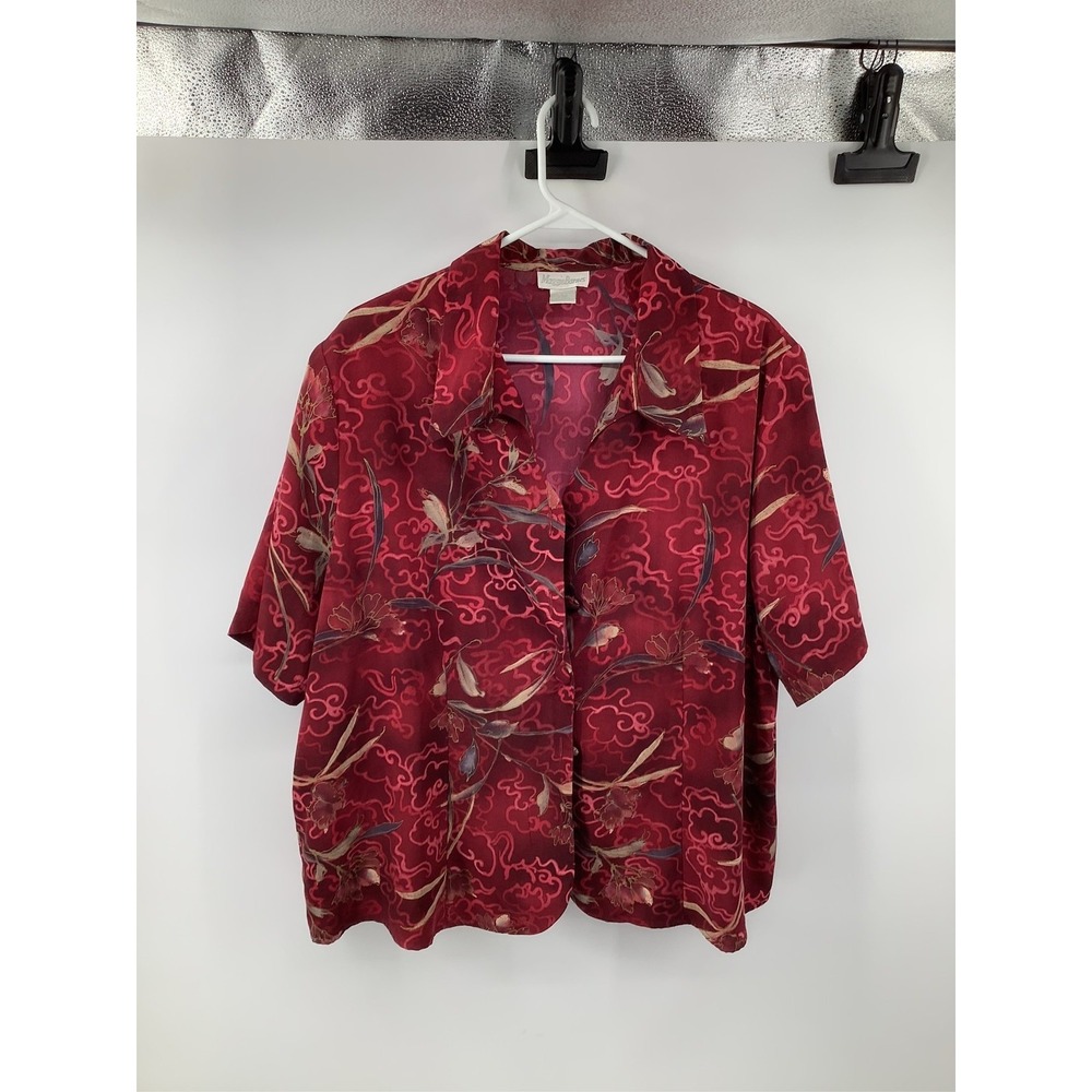 Maggie Barnes Womens 24W Burgundy Red Floral Jacquard Satin Button Up Blouse